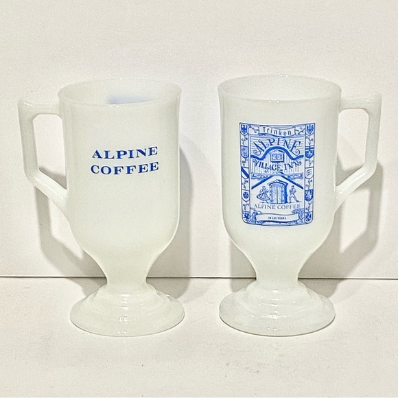 Set of 2 Alpine Coffee Milk Glass Cappuccino Coffee Pedestal Mugs White & Blue - Picture 3 of 8